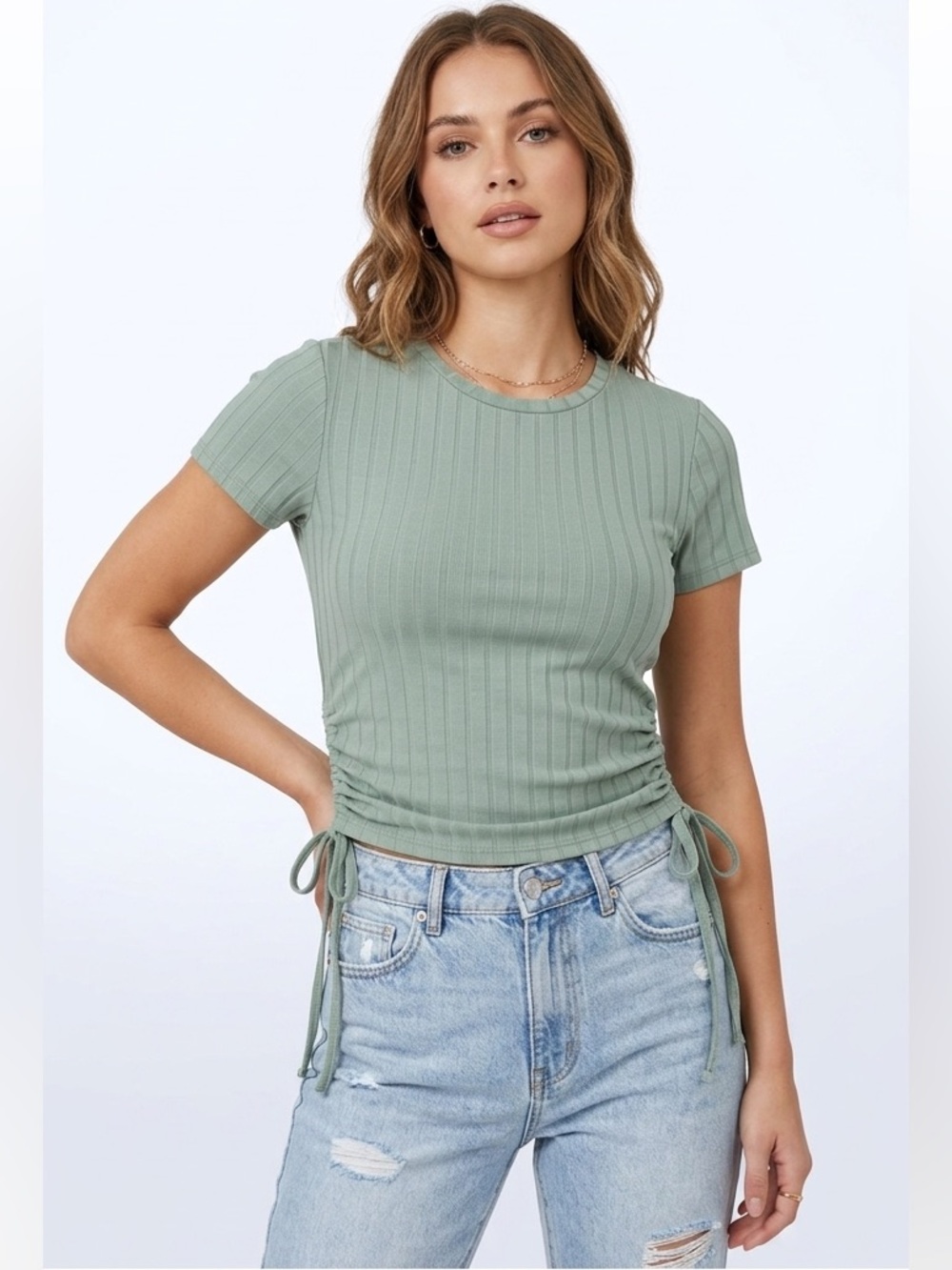 AntiStar Sage Green Ribbed Short Sleeve Top